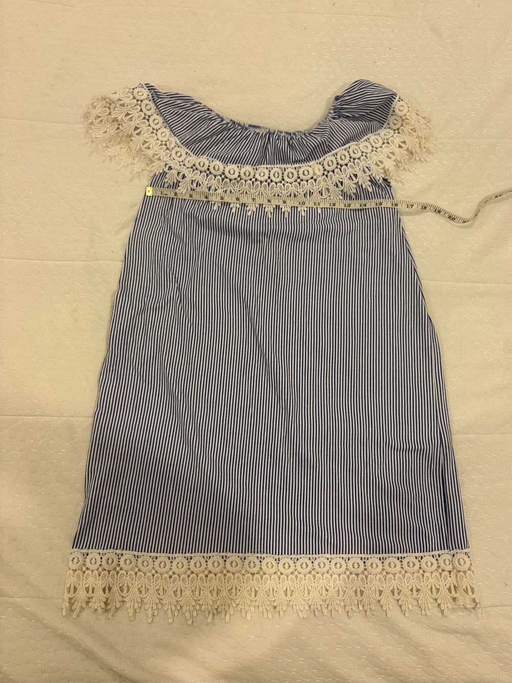 Blue & White Striped Off-Shoulder Mini Dress Size M – Lace Trim - Picture 5 of 5